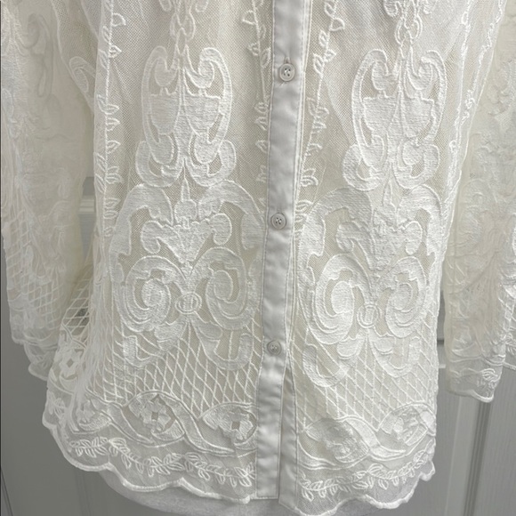 Tristan Cream Sheer Lace Blouse 3/4 Sleeve Round Neck Button Down Back Size S - Picture 8 of 16